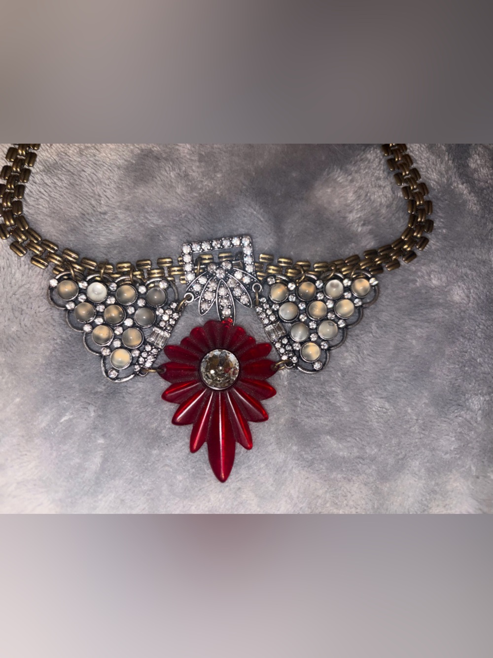 Olivia Welles Gold Tone Rhinestone Statement Necklace Red Flower Bib